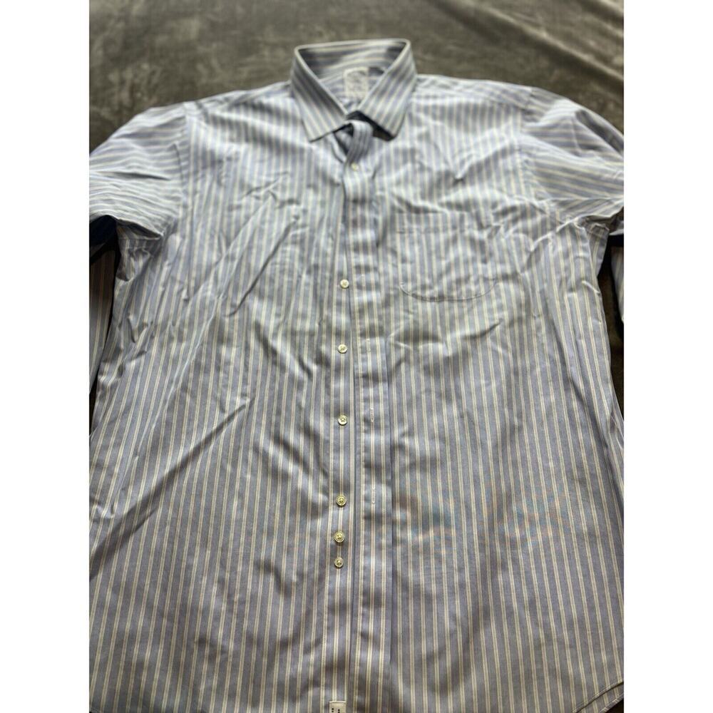 Brooks Brothers Shirt Mens 17.5 Slim Fit Non Iron Button Up Blue Stripe Cotton